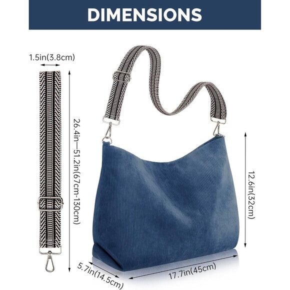 Women’s Blue Corduroy Tote Shoulder Bag with Adjustment Straps And Zipper - Picture 3 of 7
